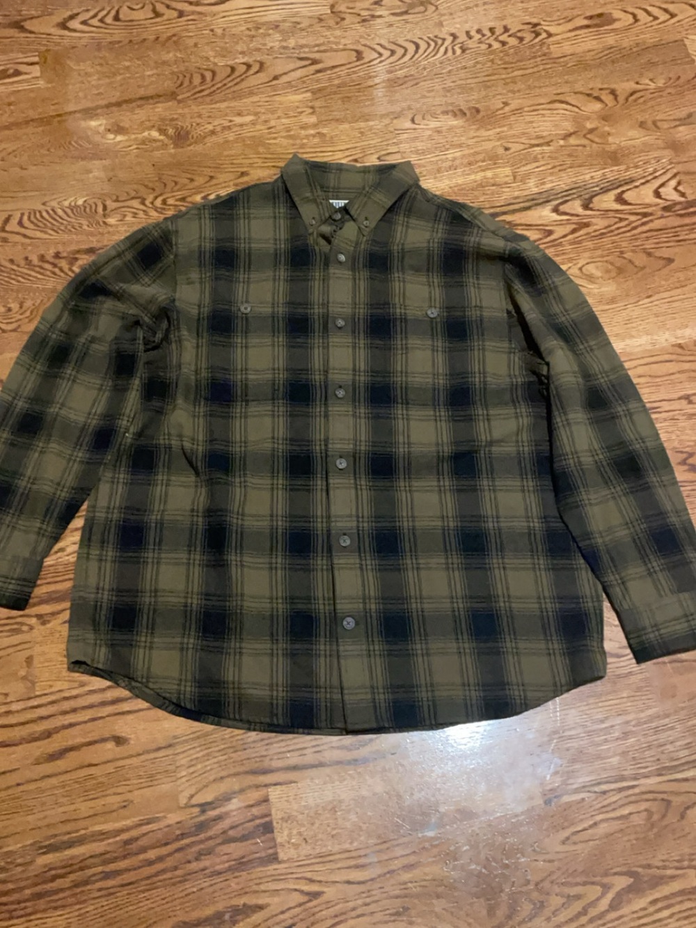 Duluth Trading Co Olive Green and Black Plaid Button-Down Shirt